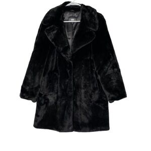 NWT DKNY Black Teddy Jacket Plush Mid-Length Faux Fur Coat Midi Size Large